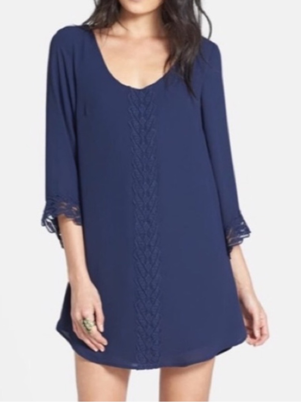ASTR The Label Navy Lace Trim Shift Dress Open Back Bell Sleeve XL